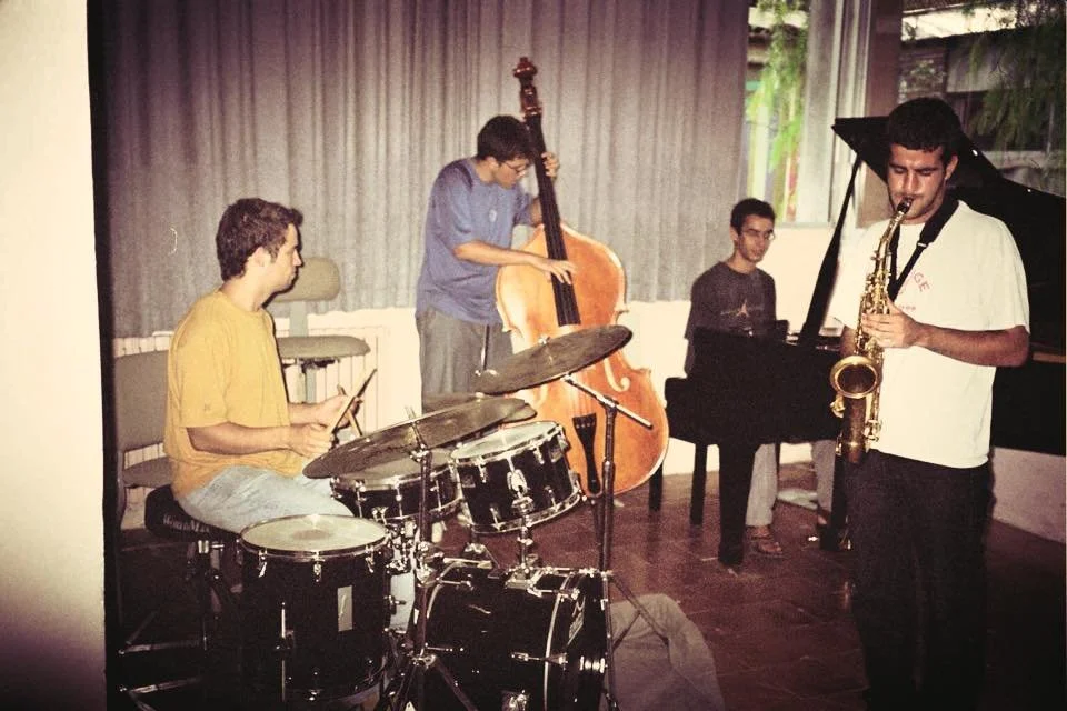 Jazz quartet in rehearsal with a young Gerard Pastor on double bass.
